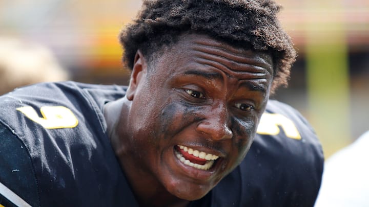 Oct. 11, 2025; Columbia, Missouri, USA; Missouri Tigers Defensive End Zion Young hypes up the bench during the third quarter of a game against the Alabama Crimson Tide at Memorial Stadium. Oct. 11, 2025; Columbia, Missouri, USA; Missouri Tigers Defensive End Zion Young hypes up the bench during the third quarter of a game against the Alabama Crimson Tide at Memorial Stadium.