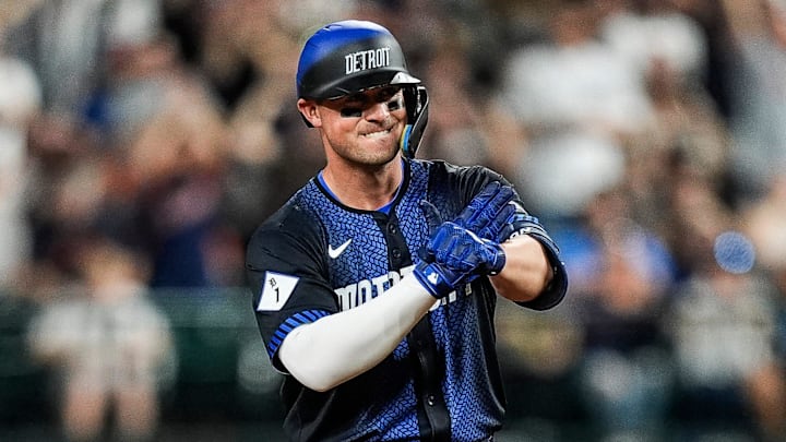 Detroit Tigers first base Spencer Torkelson (20) celebrates after batting a double against Kansas City Royals during the seventh inning at Comerica Park in Detroit on Friday, April 18, 2025.