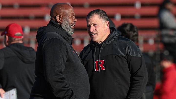 Maryland Terrapins head coach Mike Locksley (left) talks with Rutgers Scarlet Knights head coach Greg Schiano before the game at SHI Stadium. Maryland Terrapins head coach Mike Locksley (left) talks with Rutgers Scarlet Knights head coach Greg Schiano before the game at SHI Stadium.
