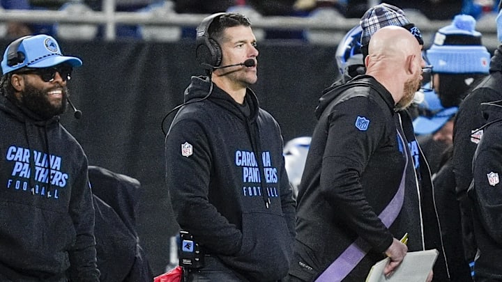 Dec 1, 2024; Charlotte, North Carolina, USA; Carolina Panthers head coach Dave Canales during the second quarter against the Tampa Bay Buccaneers at Bank of America Stadium.