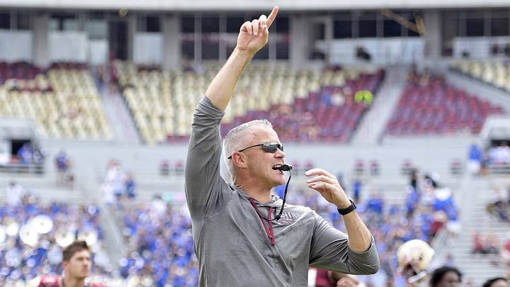 Sep 14, 2024; Tallahassee, Florida, USA; Florida State Seminoles head coach Mike Norvell before a game against the Memphis Tigers at Doak S. Campbell Stadium. Mandatory Credit: Melina Myers-Imagn Images