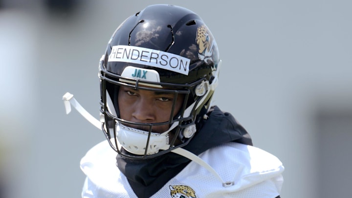 Jaguars (23) CB CJ Henderson during drills at Thursday's OTA session. The Jacksonville Jaguars held their Thursday session of organized team activity at the practice fields outside TIAA Bank Field, May 27, 2021.