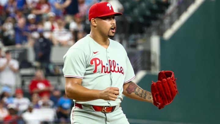 Aug 10, 2025; Arlington, Texas, USA;  Philadelphia Phillies relief pitcher Jhoan Duran (59) reacts after the game against the Texas Rangers at Globe Life Field