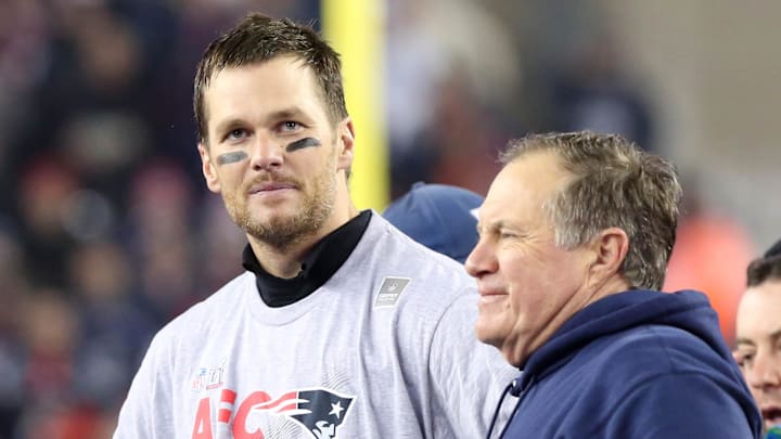 Jan 22, 2017; Foxborough, MA, USA; New England Patriots quarterback Tom Brady (12) and head coach Bill Belichick after beating the Pittsburgh Steelers in the 2017 AFC Championship Game at Gillette Stadium. Mandatory Credit: Geoff Burke-Imagn Images
