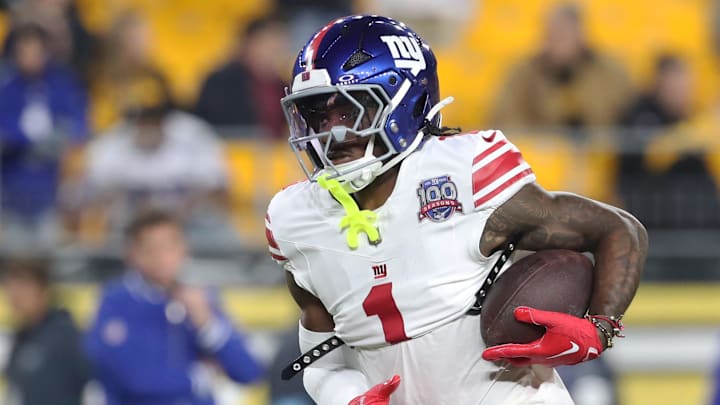 Oct 28, 2024; Pittsburgh, Pennsylvania, USA; New York Giants wide receiver Malik Nabers (1) warms up before playing the Pittsburgh Steelers at Acrisure Stadium.  