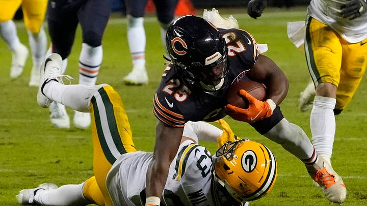 Chicago Bears running back Kyle Monangai (25) runs for a first down against the Packers last season. Chicago Bears running back Kyle Monangai (25) runs for a first down against the Packers last season.