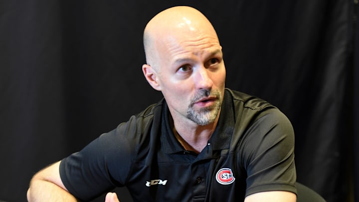 St. Cloud State head coach Brett Larson speaks with the media at NCHC Media Day Thursday, Sept. 19, 2019, at Xcel Energy Center.
Media Day 2 St. Cloud State head coach Brett Larson speaks with the media at NCHC Media Day Thursday, Sept. 19, 2019, at Xcel Energy Center.
Media Day 2