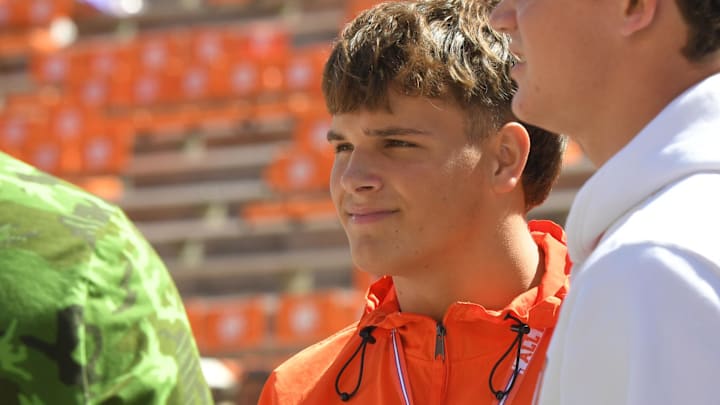 Oct 7, 2023; Clemson, South Carolina, USA; Max Brown, a 2027 athlete recruit from Jefferson High in Georgia visits Clemson University vs Wake Forest at Memorial Stadium. Mandatory Credit: Ken Ruinard-Imagn Images