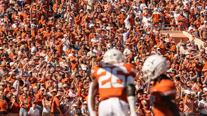 Fans cheer after Texas Longhorns running back Quintrevion Wisner (26) scores a touchdown during the Longhorns' game against the Florida Gators, Nov. 9, 2024 at Darrell K. Royal Texas Memorial Stadium in Austin. Fans cheer after Texas Longhorns running back Quintrevion Wisner (26) scores a touchdown during the Longhorns' game against the Florida Gators, Nov. 9, 2024 at Darrell K. Royal Texas Memorial Stadium in Austin.