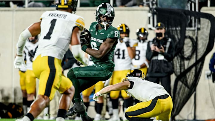 Michigan State's Nick Marsh runs after the catch against Iowa during the fourth quarter on Saturday, Oct. 19, 2024, at Spartan Stadium in East Lansing.