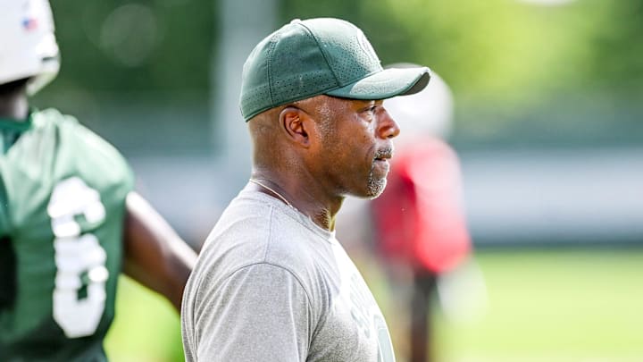 Michigan State's wide receivers coach Courtney Hawkins looks on during the first day of football camp on Tuesday, July 30, 2024, in East Lansing. Michigan State's wide receivers coach Courtney Hawkins looks on during the first day of football camp on Tuesday, July 30, 2024, in East Lansing.