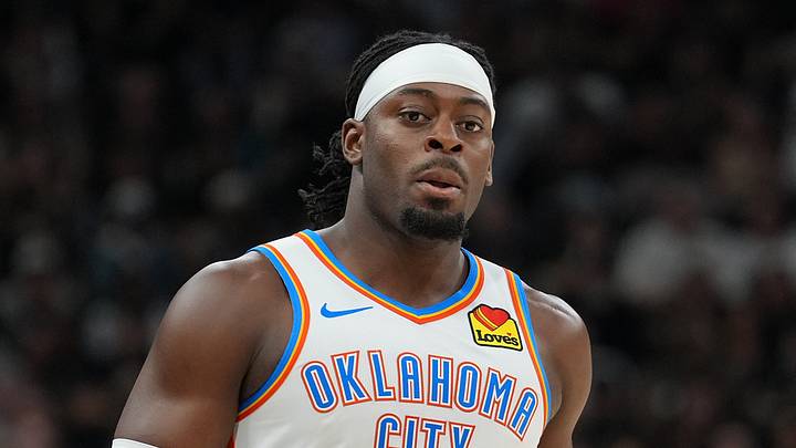 May 28, 2026; San Antonio, Texas, USA; Oklahoma City Thunder guard Luguentz Dort (5) in the second half during game six of the western conference finals for the 2026 NBA playoffs at Frost Bank Center. Mandatory Credit: Daniel Dunn-Imagn Images