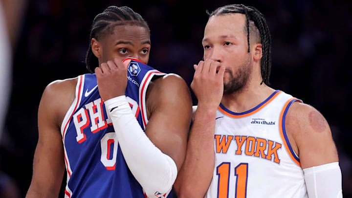 May 4, 2026; New York, New York, USA; Philadelphia 76ers guard Tyrese Maxey (0) talks to New York Knicks guard Jalen Brunson (11) during the first quarter of game one of the eastern conference semifinal round of the 2026 NBA Playoffs at Madison Square Garden. Mandatory Credit: Brad Penner-Imagn Images