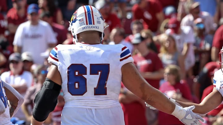 Oct 15, 2022; Norman, Oklahoma, USA;  Kansas Jayhawks running back Ky Thomas (8) celebrates with