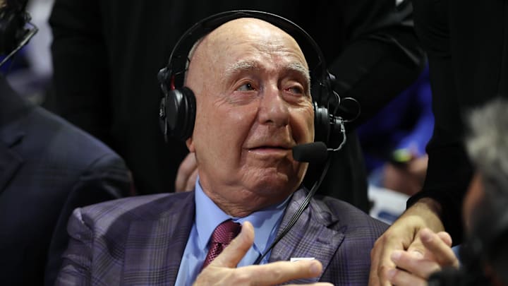 Legendary broadcaster Dick Vitale greets the rest of the broadcasting table during the first half of an NCAA Mens basketball game at Steven C. O'Connell Center Exactek arena in Gainesville, FL on Sunday, February 1, 2026. [Alan Youngblood/Gainesville Sun]