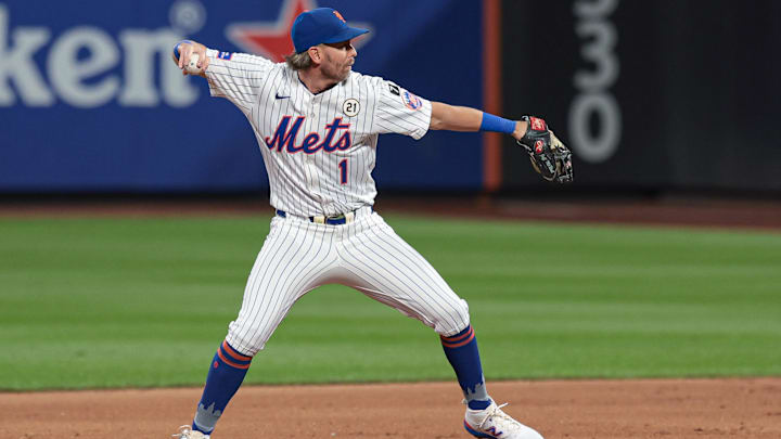 Sep 16, 2025; New York City, New York, USA; New York Mets second baseman Jeff McNeil (1) forces out San Diego Padres left fielder Gavin Sheets (not pictured) at second base during the second inning against the San Diego Padres at Citi Field. Mandatory Credit: Vincent Carchietta-Imagn Images