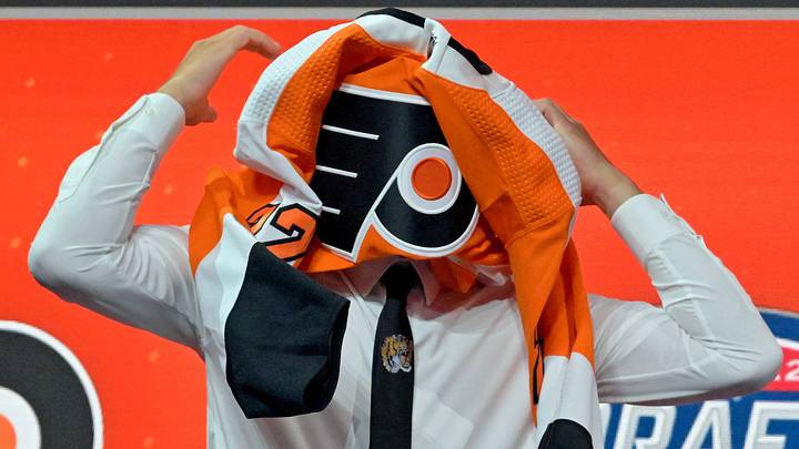 Jul 7, 2022; Montreal, Quebec, CANADA; Cutter Gauthier after being selected as the number five overall pick to the Philadelphia Flyers in the first round of the 2022 NHL Draft at Bell Centre. Mandatory Credit: Eric Bolte-USA TODAY Sports Jul 7, 2022; Montreal, Quebec, CANADA; Cutter Gauthier after being selected as the number five overall pick to the Philadelphia Flyers in the first round of the 2022 NHL Draft at Bell Centre. Mandatory Credit: Eric Bolte-USA TODAY Sports