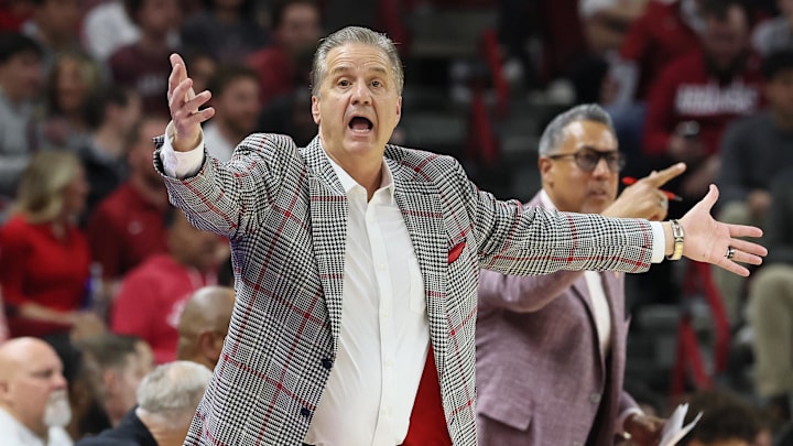 Jan 20, 2026; Fayetteville, Arkansas, USA; Arkansas Razorbacks head coach John Calipari during the first half against the Vanderbilt Commodores at Bud Walton Arena. Arkansas won 93-68. Mandatory Credit: Nelson Chenault-Imagn Images