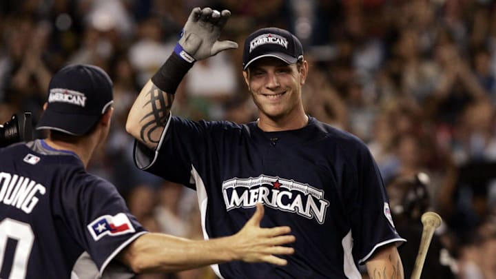 Texas Rangers Josh Hamilton had the crowd going during the first round of the MLB Home Run Derby at Yankee Stadium in the Bronx July 14, 2008. Although Hamilton didn't win the derby, he did hit a record-setting 28 first-round dingers, including 13 straight on 13 swings. Texas Rangers Josh Hamilton had the crowd going during the first round of the MLB Home Run Derby at Yankee Stadium in the Bronx July 14, 2008. Although Hamilton didn't win the derby, he did hit a record-setting 28 first-round dingers, including 13 straight on 13 swings.