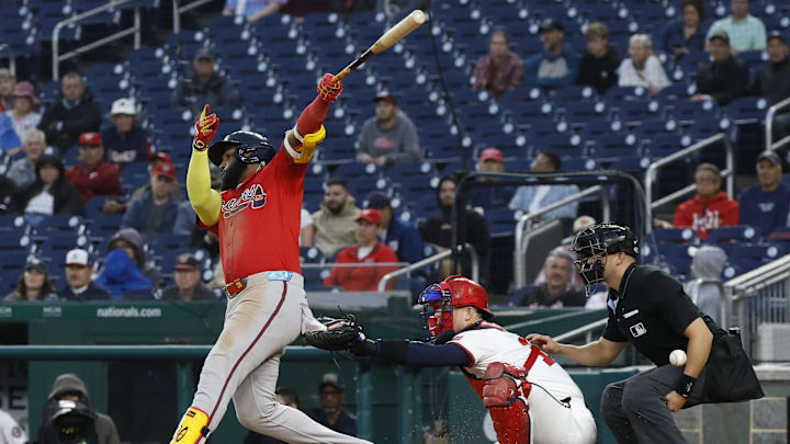 Sep 17, 2025; Washington, District of Columbia, USA; Atlanta Braves designated hitter Marcell Ozuna (20) hits an RBI double against the Washington Nationals during the eighth inning at Nationals Park. Mandatory Credit: Geoff Burke-Imagn Images Sep 17, 2025; Washington, District of Columbia, USA; Atlanta Braves designated hitter Marcell Ozuna (20) hits an RBI double against the Washington Nationals during the eighth inning at Nationals Park. Mandatory Credit: Geoff Burke-Imagn Images