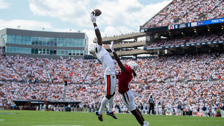 Auburn Tigers wide receiver Cam Coleman (8) drops a touchdown pass as Auburn Tigers take on South Alabama Jaguars at Jordan-Hare Stadium in Auburn, Ala. on Saturday, Sept. 13, 2025.