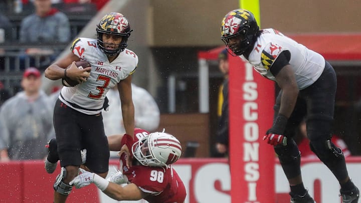 Maryland quarterback Taulia Tagovailoa (3) is sacked by Wisconsin linebacker C.J. Goetz (98) on