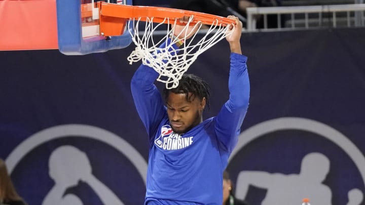 Bronny James participates in the 2024 NBA draft combine at Wintrust Arena.