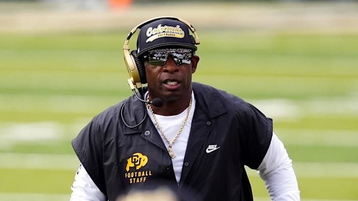 Aug 29, 2025; Boulder, Colorado, USA; Colorado Buffaloes head coach Deion Sanders during the first quarter against the Georgia Tech Yellow Jackets at Folsom Field. Mandatory Credit: Ron Chenoy-Imagn Images