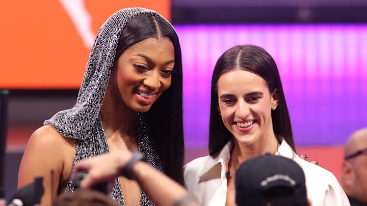 Apr 15, 2024; Brooklyn, NY, USA; Angel Reese and Caitlin Clark pose for photos before the 2024 WNBA Draft at Brooklyn Academy of Music. Mandatory Credit: Brad Penner-Imagn Images Apr 15, 2024; Brooklyn, NY, USA; Angel Reese and Caitlin Clark pose for photos before the 2024 WNBA Draft at Brooklyn Academy of Music. Mandatory Credit: Brad Penner-Imagn Images