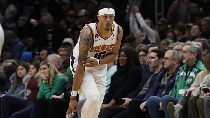 Feb 3, 2023; Boston, Massachusetts, USA; Phoenix Suns guard Damion Lee (10) celebrates after making a three point basket against the Boston Celtics during the second half at TD Garden. Mandatory Credit: Winslow Townson-Imagn Images