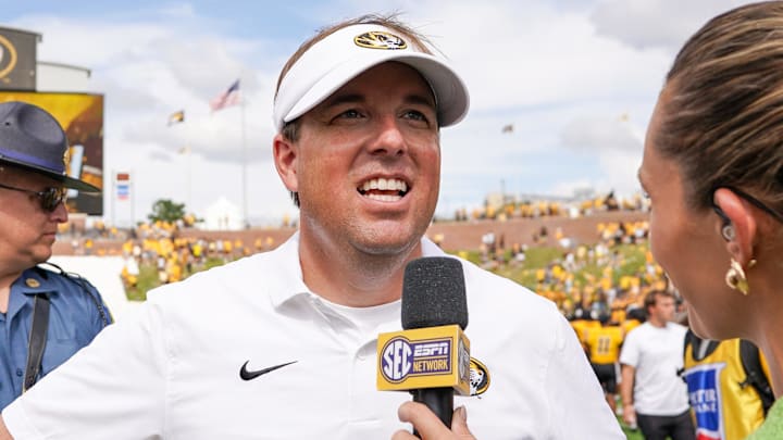 Sep 14, 2024; Columbia, Missouri, USA; Missouri Tigers head coach Eli Drinkwitz speaks to a reporter after the win over the Boston College Eagles at Faurot Field at Memorial Stadium. Mandatory Credit: Denny Medley-Imagn Images