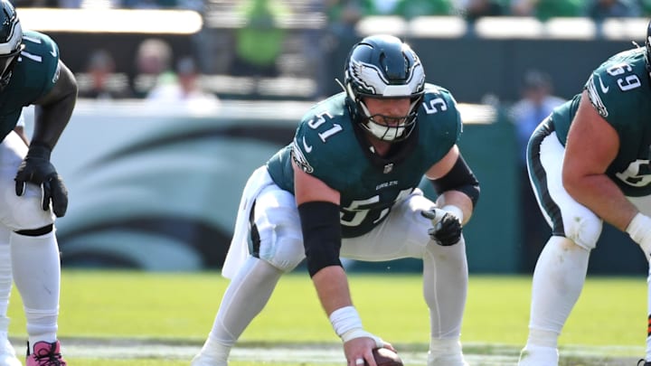 Oct 13, 2024; Philadelphia, Pennsylvania, USA; Philadelphia Eagles center Cam Jurgens (51) prepares to snap the ball against the Cleveland Browns at Lincoln Financial Field. Mandatory Credit: Eric Hartline-Imagn Images Oct 13, 2024; Philadelphia, Pennsylvania, USA; Philadelphia Eagles center Cam Jurgens (51) prepares to snap the ball against the Cleveland Browns at Lincoln Financial Field. Mandatory Credit: Eric Hartline-Imagn Images