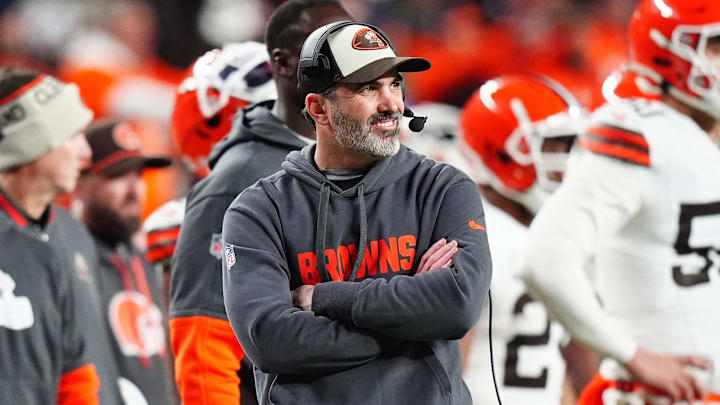 Dec 2, 2024; Denver, Colorado, USA; Cleveland Browns head coach Kevin Stefanski during the second quarter against the Denver Broncos at Empower Field at Mile High. Mandatory Credit: Ron Chenoy-Imagn Images