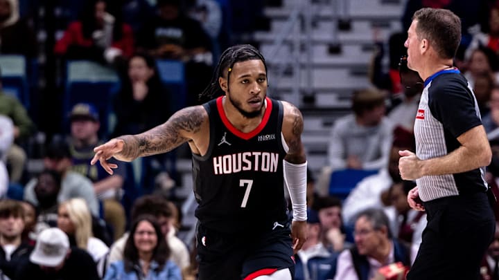 Dec 26, 2024; New Orleans, Louisiana, USA;  Houston Rockets forward Cam Whitmore (7) reacts to making a three point basket against the New Orleans Pelicans during the second half at Smoothie King Center. Mandatory Credit: Stephen Lew-Imagn Images