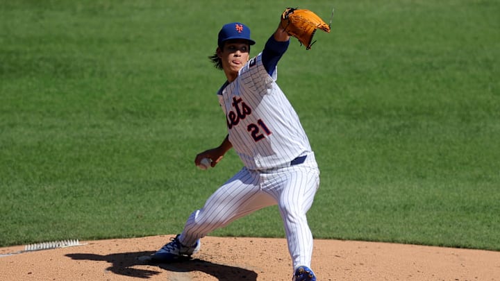 Sep 18, 2025; New York City, New York, USA; New York Mets starting pitcher Jonah Tong (21) pitches against the San Diego Padres during the second inning at Citi Field. Mandatory Credit: Brad Penner-Imagn Images