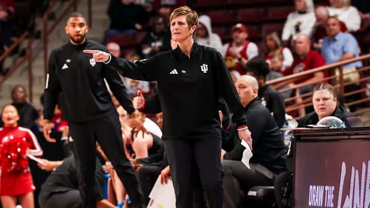 Indiana Hoosiers head coach Teri Moren directs her team against the Utah Utes in the first half at Colonial Life Arena. Indiana Hoosiers head coach Teri Moren directs her team against the Utah Utes in the first half at Colonial Life Arena.