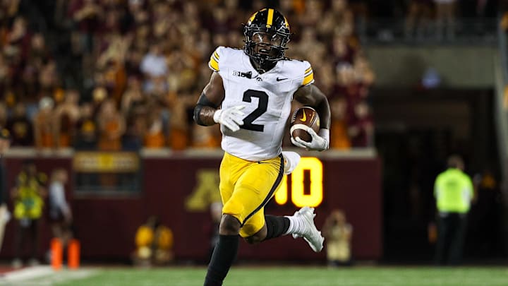 Iowa Hawkeyes running back Kaleb Johnson (2) runs the ball 