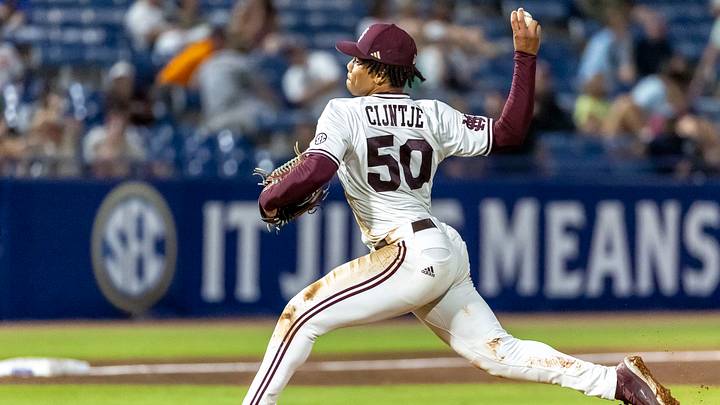 May 23, 2024; Hoover, AL, USA; Mississippi State Bulldogs pitcher Jurrangelo Cijntje (50) pitches against the Vanderbilt Commodores during the SEC Baseball Tournament at Hoover Metropolitan Stadium. Mandatory Credit: Vasha Hunt-USA TODAY Sports May 23, 2024; Hoover, AL, USA; Mississippi State Bulldogs pitcher Jurrangelo Cijntje (50) pitches against the Vanderbilt Commodores during the SEC Baseball Tournament at Hoover Metropolitan Stadium. Mandatory Credit: Vasha Hunt-USA TODAY Sports