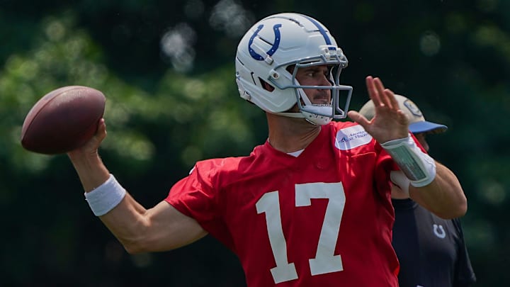 Indianapolis Colts quarterback Daniel Jones (17) throws the ball Tuesday, June 10, 2025, during NFL Colts mandatory mini camp at the Indiana Farm Bureau Football Center in Indianapolis.