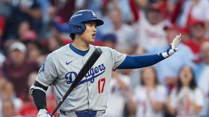 Shohei Ohtani reacts to a strikeout during Game 2 of the NLDS. 