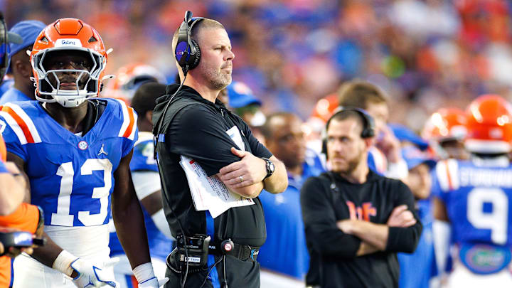Oct 18, 2025; Gainesville, Florida, USA; Florida Gators head coach Billy Napier looks on against the Mississippi State Bulldogs during the second half at Ben Hill Griffin Stadium. Mandatory Credit: Matt Pendleton-Imagn Images Oct 18, 2025; Gainesville, Florida, USA; Florida Gators head coach Billy Napier looks on against the Mississippi State Bulldogs during the second half at Ben Hill Griffin Stadium. Mandatory Credit: Matt Pendleton-Imagn Images