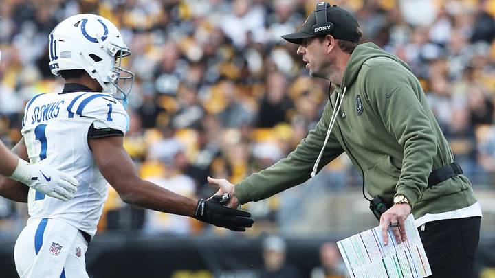 Nov 2, 2025; Pittsburgh, Pennsylvania, USA;  Indianapolis Colts head coach Shane Steichen (right) congratulates wide receiver Josh Downs (1) on his touchdown against the Pittsburgh Steelers during the fourth quarter at Acrisure Stadium. Mandatory Credit: Charles LeClaire-Imagn Images