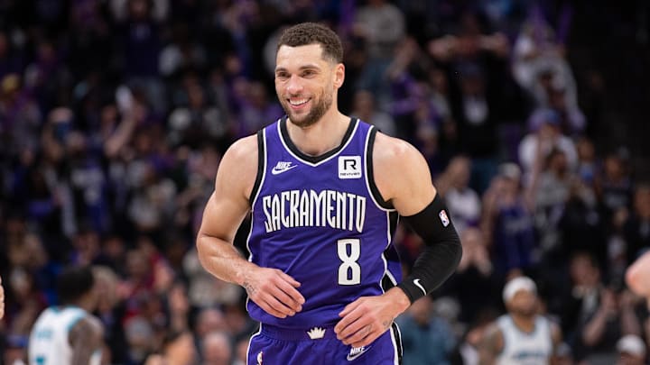 Feb 24, 2025; Sacramento, California, USA; Sacramento Kings guard Zach LaVine (8) reacts after scoring against the Charlotte Hornets during the fourth quarter at Golden 1 Center. Mandatory Credit: Ed Szczepanski-Imagn Images