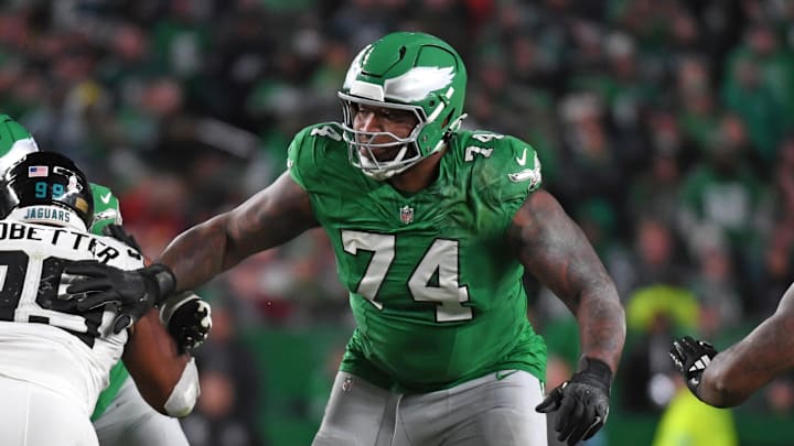 Nov 3, 2024; Philadelphia, Pennsylvania, USA; Philadelphia Eagles offensive tackle Fred Johnson (74) locks against the Jacksonville Jaguars at Lincoln Financial Field. Mandatory Credit: Eric Hartline-Imagn Images