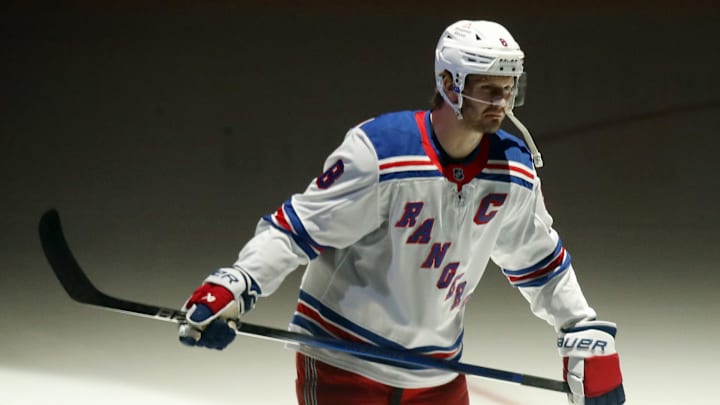 Oct 9, 2024; Pittsburgh, Pennsylvania, USA; New York Rangers defenseman Jacob Trouba (8) takes the ice against the Pittsburgh Penguins during the first period at PPG Paints Arena. Mandatory Credit: Charles LeClaire-Imagn Images Oct 9, 2024; Pittsburgh, Pennsylvania, USA; New York Rangers defenseman Jacob Trouba (8) takes the ice against the Pittsburgh Penguins during the first period at PPG Paints Arena. Mandatory Credit: Charles LeClaire-Imagn Images