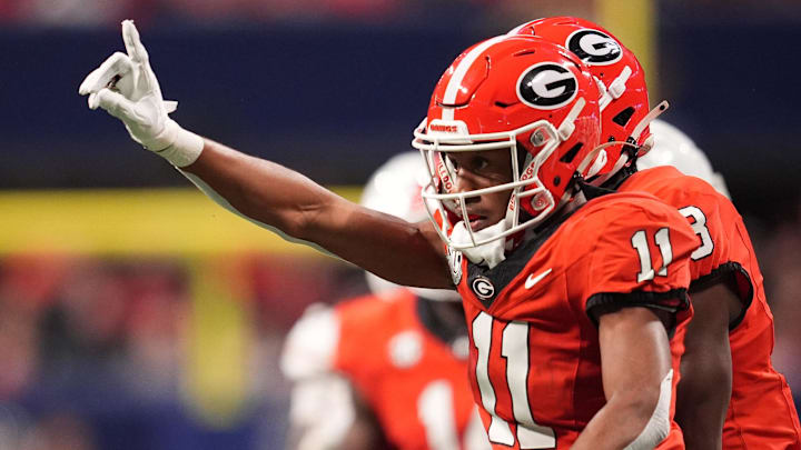 Dec 7, 2024; Atlanta, GA, USA; Georgia Bulldogs linebacker Jalon Walker (11) reacts against the Texas Longhorns during the first half in the 2024 SEC Championship game at Mercedes-Benz Stadium. Mandatory Credit: Dale Zanine-Imagn Images