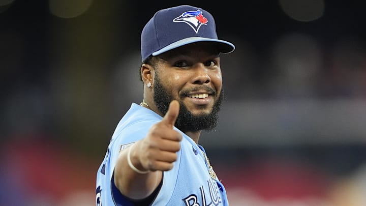 Apr 29, 2026; Toronto, Ontario, CAN; Blue Jays first baseman Vladimir Guerrero Jr. (27) gestures to a fan during the first inning against the Boston Red Sox at Rogers Centre. 