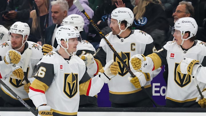 Apr 27, 2026; Salt Lake City, Utah, USA; Vegas Golden Knights right wing Pavel Dorofeyev (16) celebrates with teammates after scoring a goal against the Utah Mammoth during the first period in game four of the first round of the 2026 Stanley Cup Playoffs at Delta Center. Mandatory Credit: Rob Gray-Imagn Images