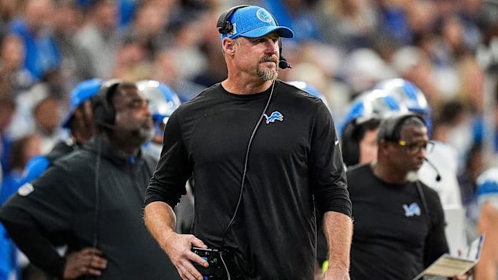 Detroit Lions head coach Dan Campbell watches a play against Indianapolis Colts during the second half at Lucas Oil Stadium.