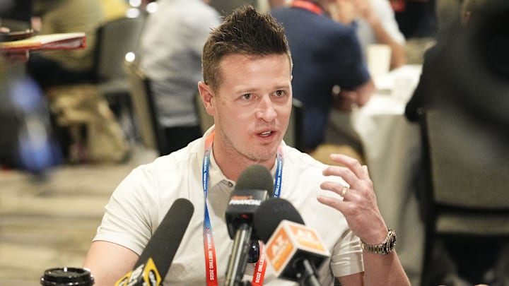 Arizona Cardinals head coach Mike LaFleur talks to the media during the NFL League Meetings on March 30, 2026, at Arizona Biltmore Resort in Phoenix.